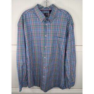 T. Harris London Button Up Shirt Mens XL Blue Plaid Long Sleeve 100% Cotton EUC
